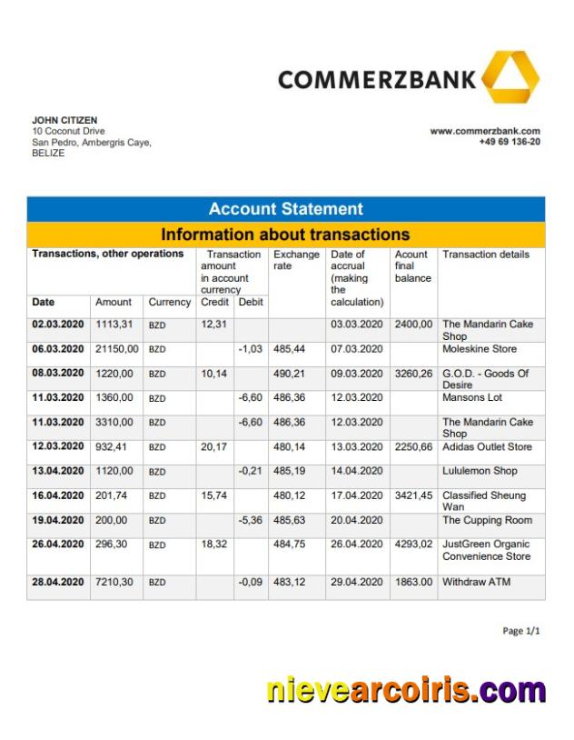 Belize Commerzbank bank statement